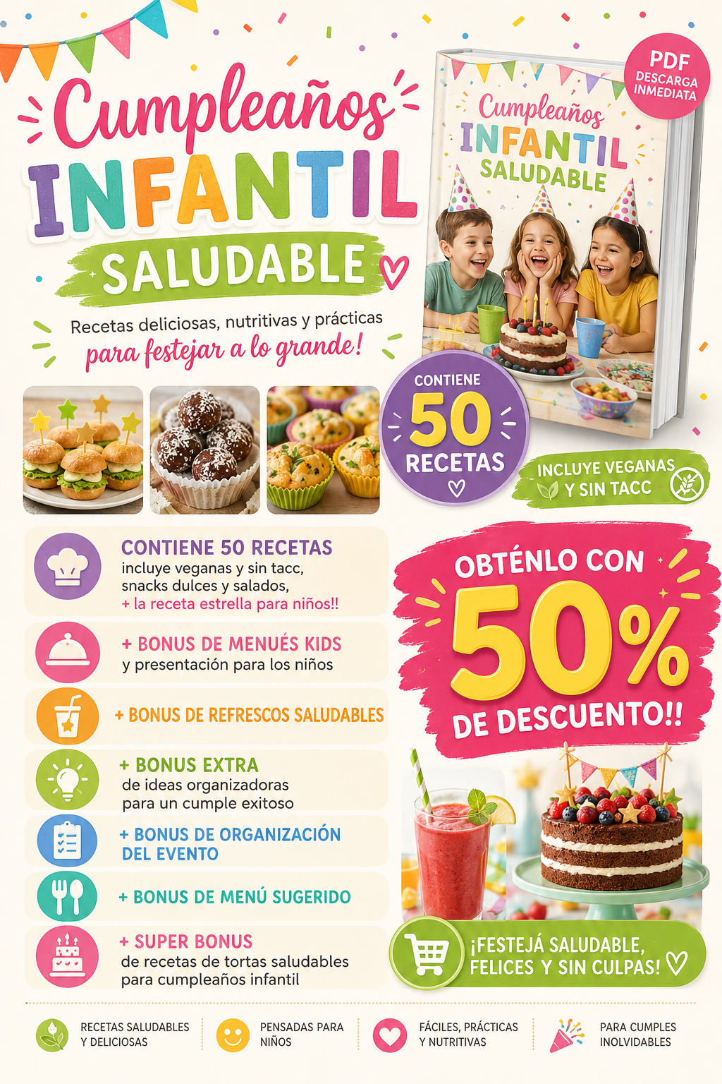 Ebook: Cumpleaños Infantil Saludable 🎂 ➕ 6 Bonus de Regalo