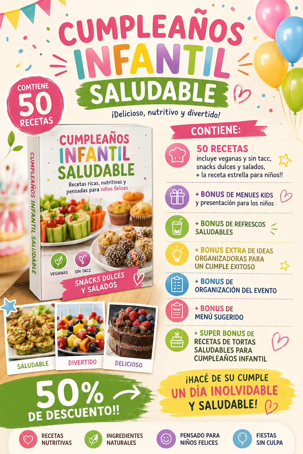 Ebook: Cumpleaños Infantil Saludable 🎂 ➕ 6 Bonus de Regalo