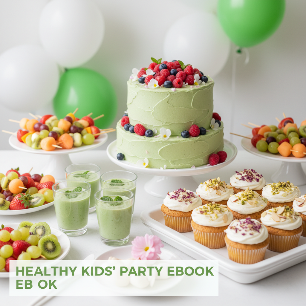 Mesa de cumpleaños infantil saludable con frutas, torta y snacks naturales